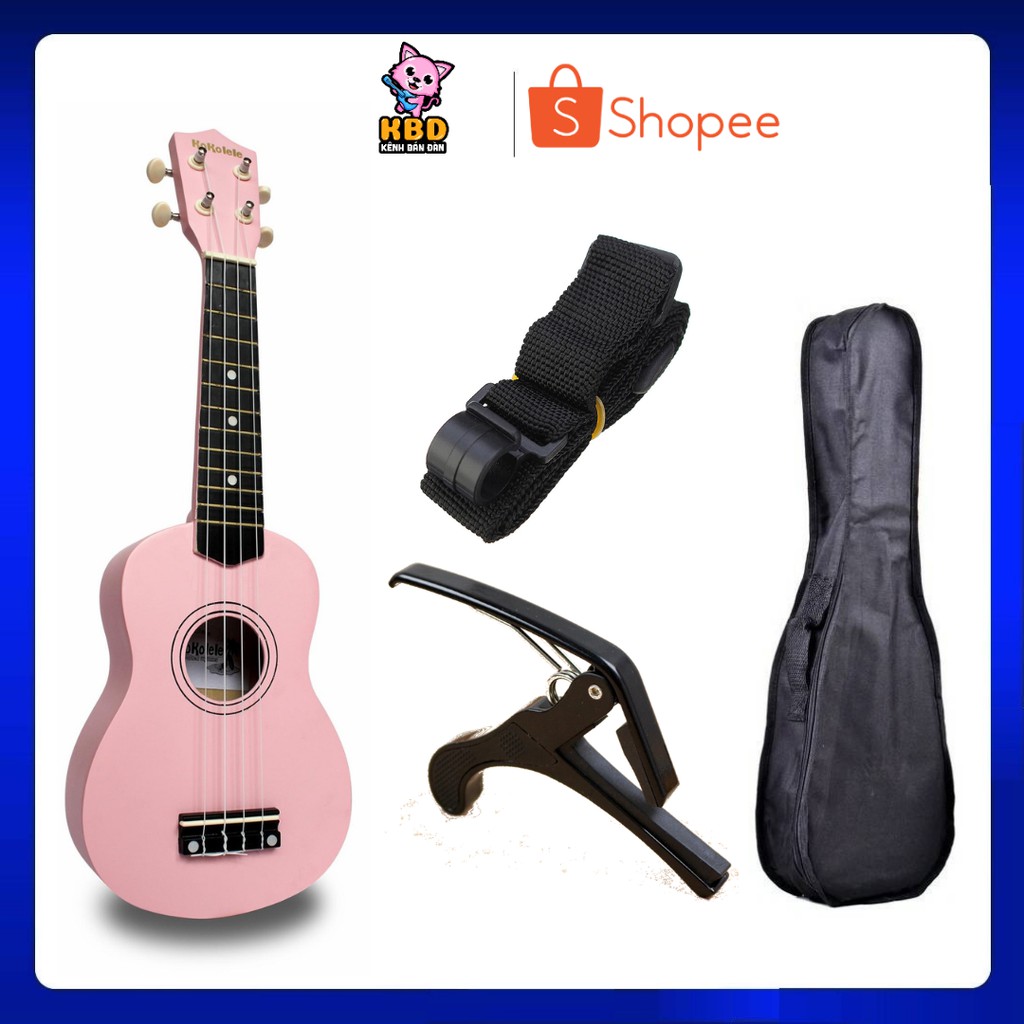 Combo Đàn Ukulele Soprano Màu + Bao vải + Capo Ukulele + Dây đeo