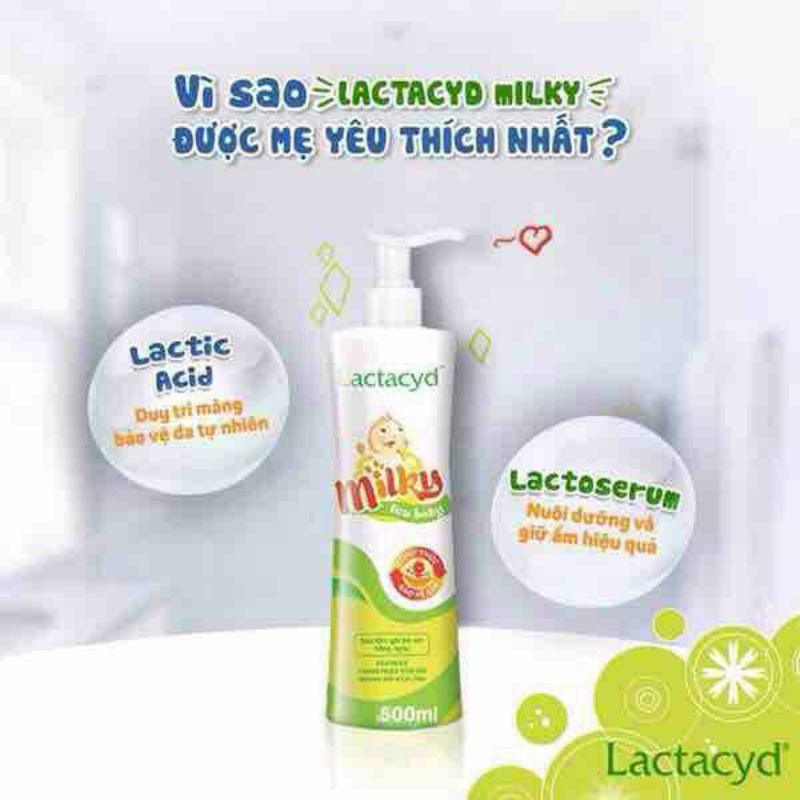 Lactacyd milky sữa tắm an toàn cho bé, điều trị rôm sảy mụn nhọt (chai 500ml)