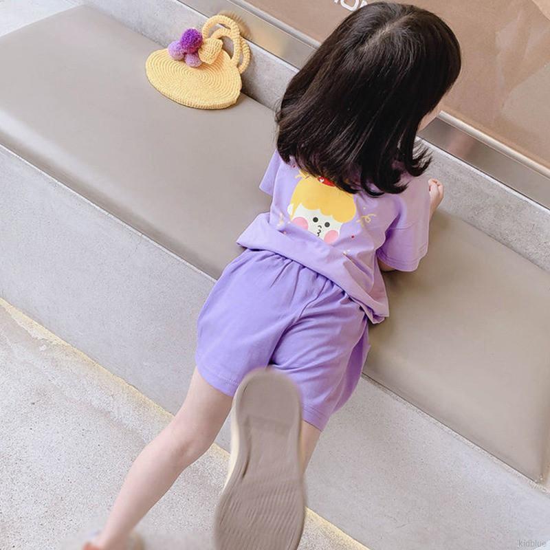 Set Áo Thun Tay Ngắn In Họa Tiết Hoạt Hình + Quần Short Phong Cách Hàn Quốc Cho Bé Gái