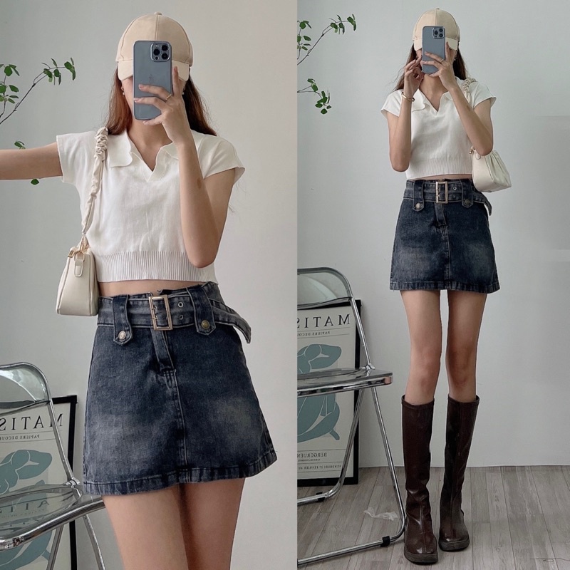 [Ảnh thật/Video] Chân váy jean kèm đai to Lưng Cao Form Ôm Kiểu Dáng Hợp Thời Trang Chân vây bò