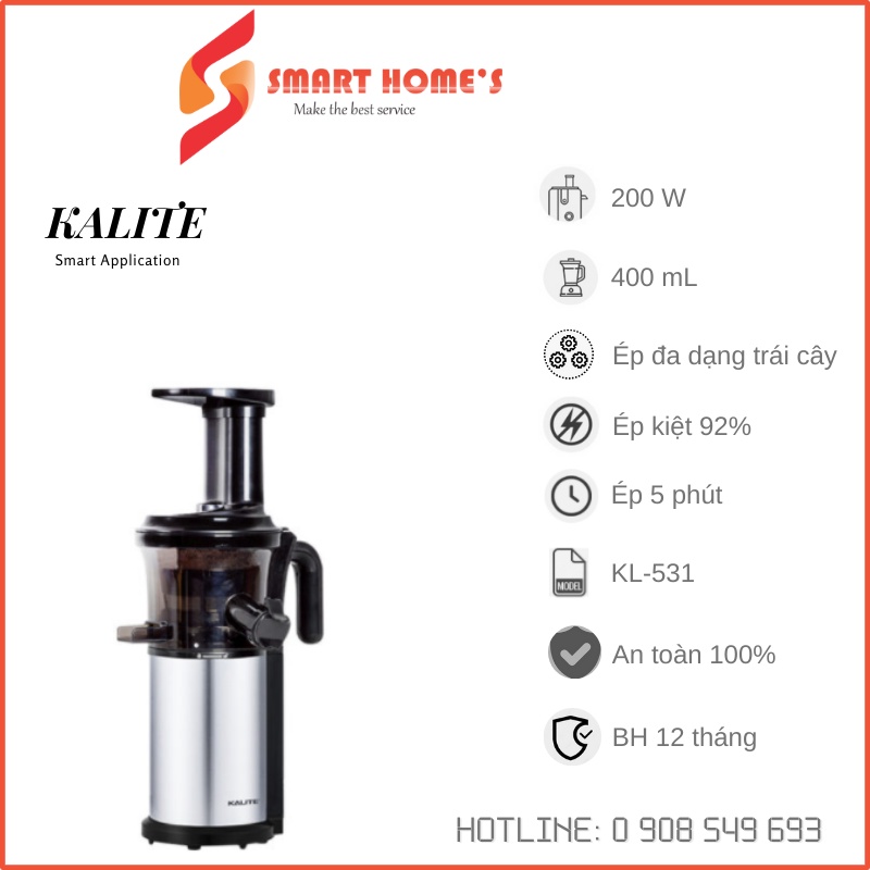 Máy Ép Chậm Kalite KL-531, Tiêu Chuẩn Châu Âu Ép Trái Cây Kiệt Bã 200Ml, Công Suất 200W - Hàng Chính Hãng
