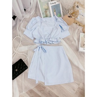 Set áo caro xanh bèo nhún và chân váy đắp