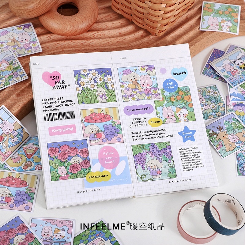 Set 45 Tấm Sticker Hình Gấu Thỏ Phong Cảnh Siêu Dễ thương