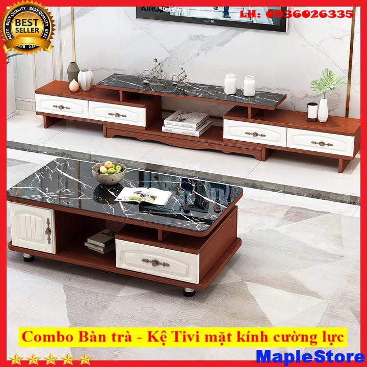 Combo Kệ tivi, Bàn trà chất liệu gỗ MDF, mặt kính cường lực, có thể thay đổi kích thước kệ tivi phù hợp với diện tích