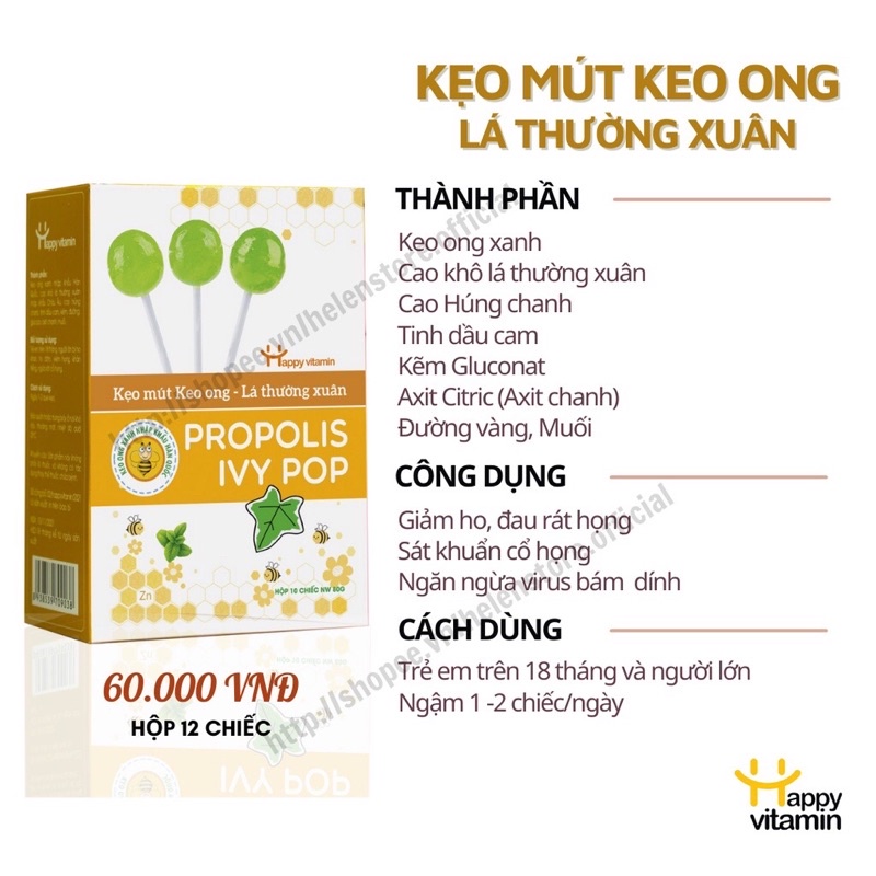 Kẹo mút Keo Ong Lá thường xuân giảm ho cho bé - Happy Vitamin - Hộp 12 cái