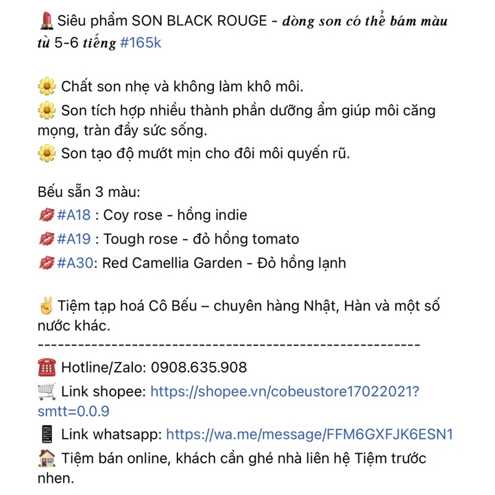 Son kem lì Black Rouge màu A18, A19, A30 Hàn Quốc