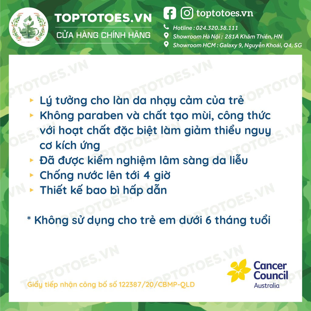 Kem chống nắng Trẻ em Cancer Council Kids SPF 50+/ PA ++++