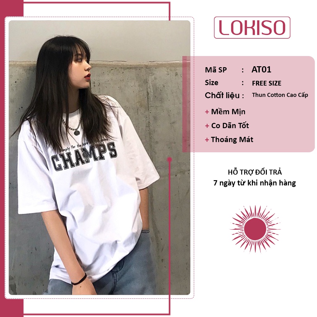 Áo thun unisex cổ tròn tay lỡ form rộng nam nữ bigsize champs LOKISO AT01