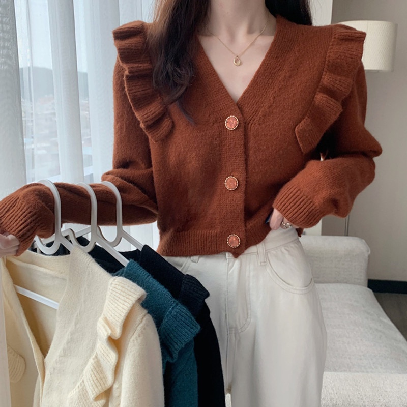 Áo cardigan dệt kim ZHELIHANGFEI cổ chữ V dáng ôm phong cách retro dành cho nữ