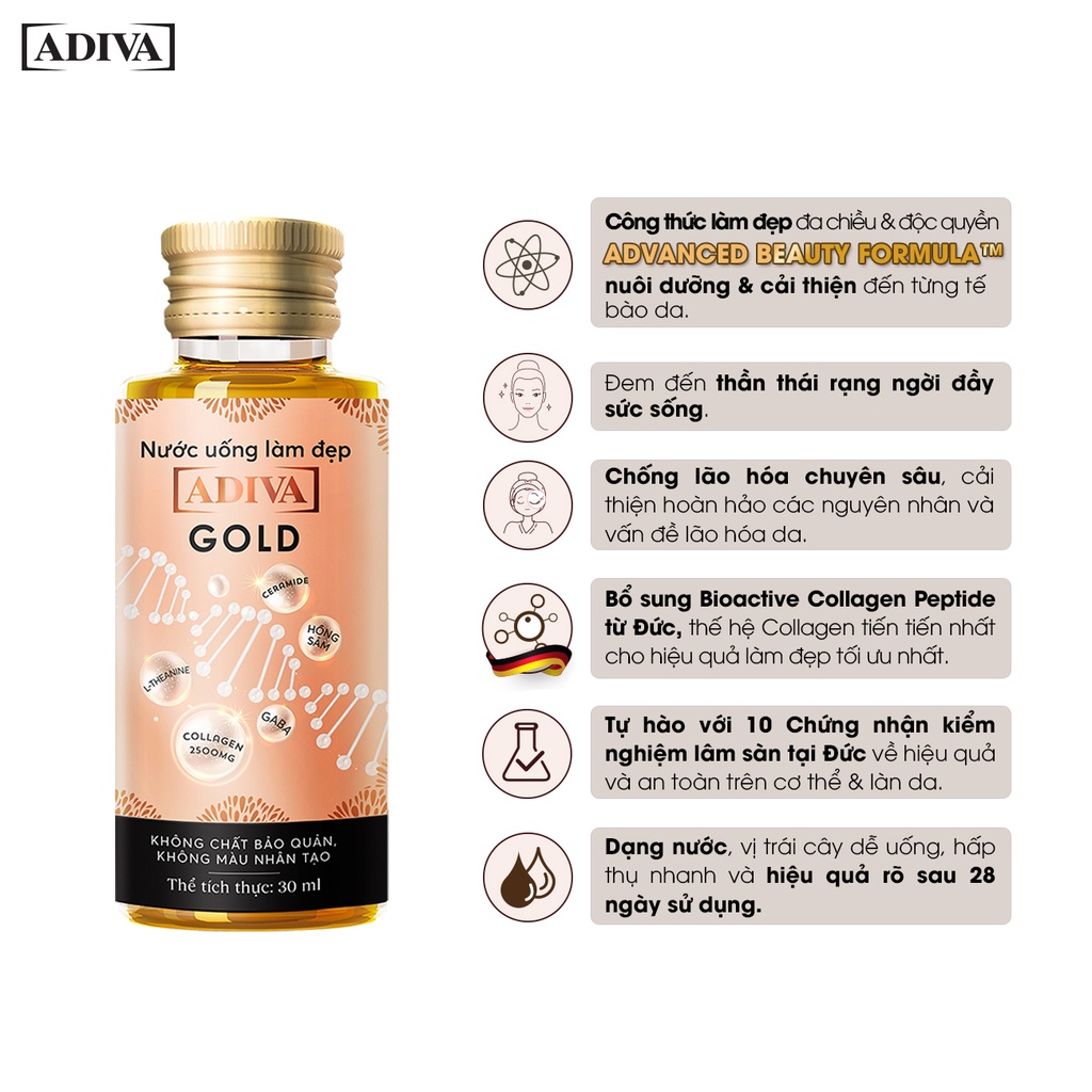 Combo 2 Hộp Nước Uống Làm Đẹp Collagen ADIVA Gold (14 Chai/Hộp) + 1 Hộp Viên Uống Trắng Da ADIVA White 60 Viên