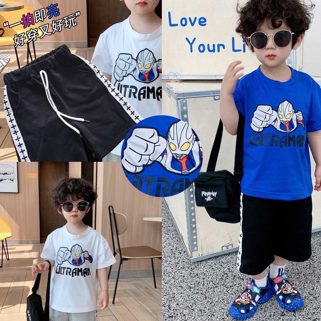 Bộ Áo Thun Cotton Ngắn Tay + Quần Short Dạ Quang In Hoạt Hình Ultraman Thời Trang Mùa Hè Cho Bé Trai