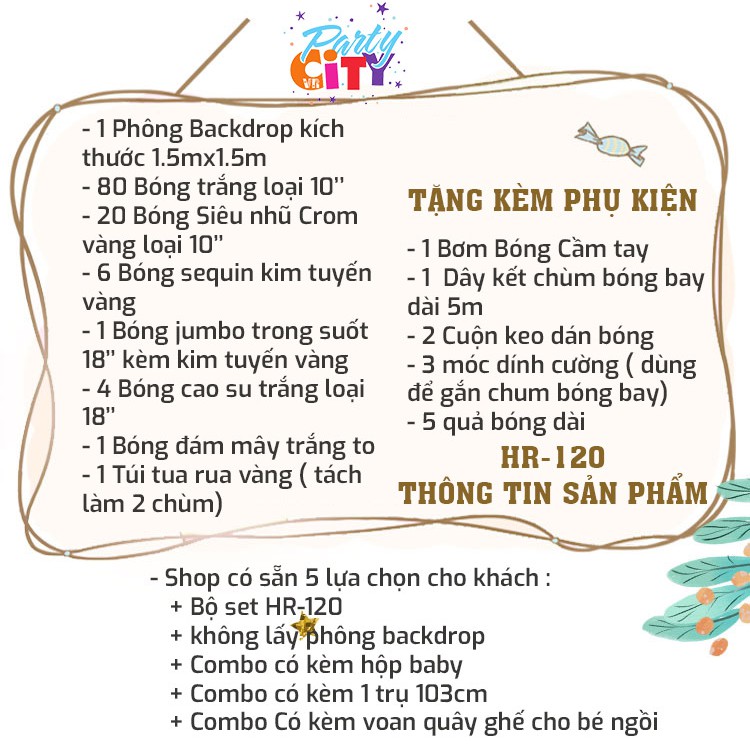 Set trang trí sinh nhật, trang trí thôi nôi, đầy tháng bé trai bé gái tone vàng trắng HR120 trọn bộ đầy đủ