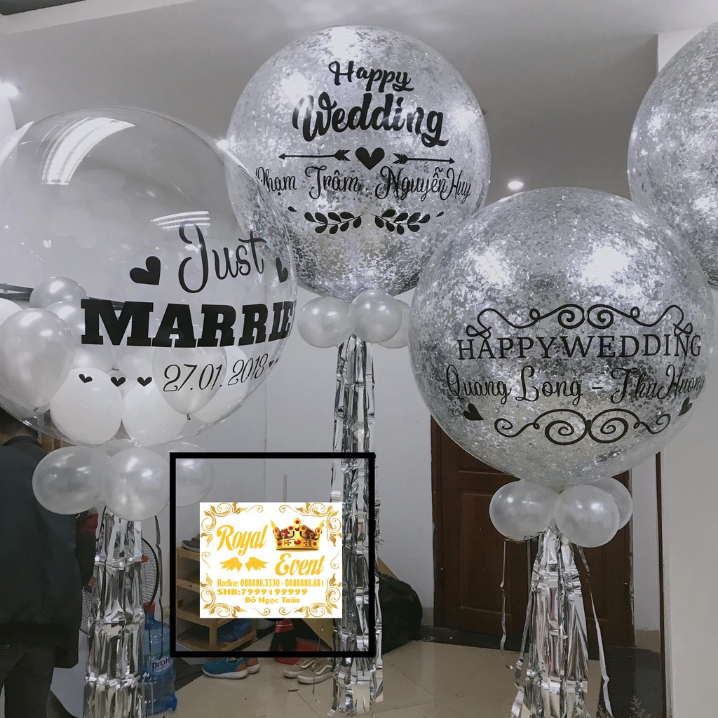 Bóng bay jumbo bạc in chữ trang trí phòng cưới Happy wedding