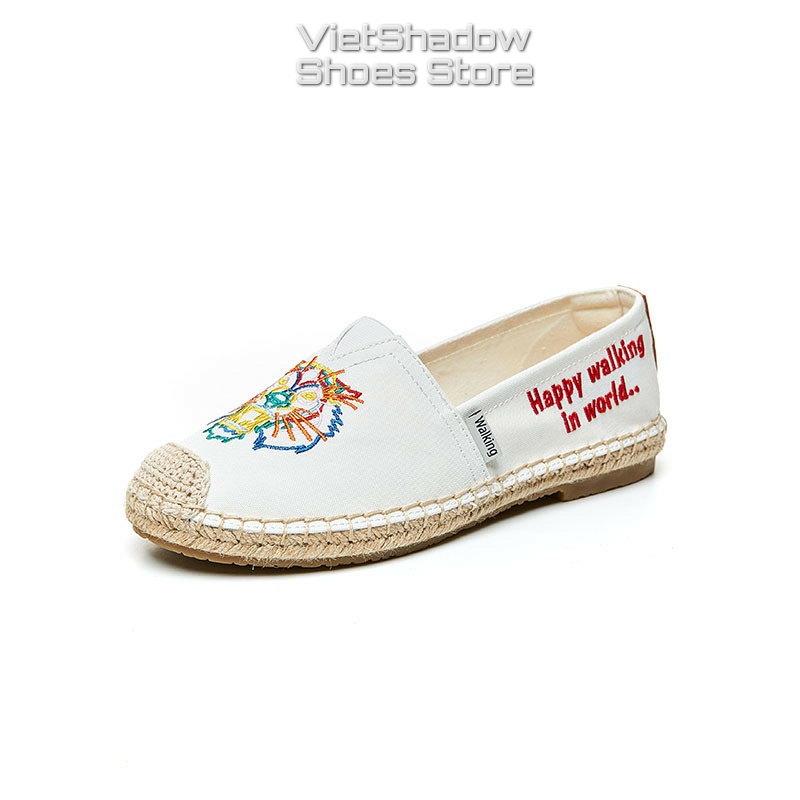 Slip on nữ - Giày lười vải nữ đế cói thêu họa tiết hình đầu hổ - Chất liệu vải bố 2 màu đen và trắng - Mã A50