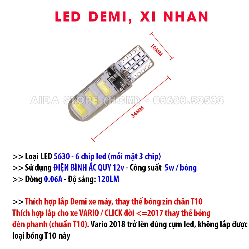 01 bóng đèn LED T10 12v 6SMD 5630 SILICON lắp cho demi, xi nhan xe máy