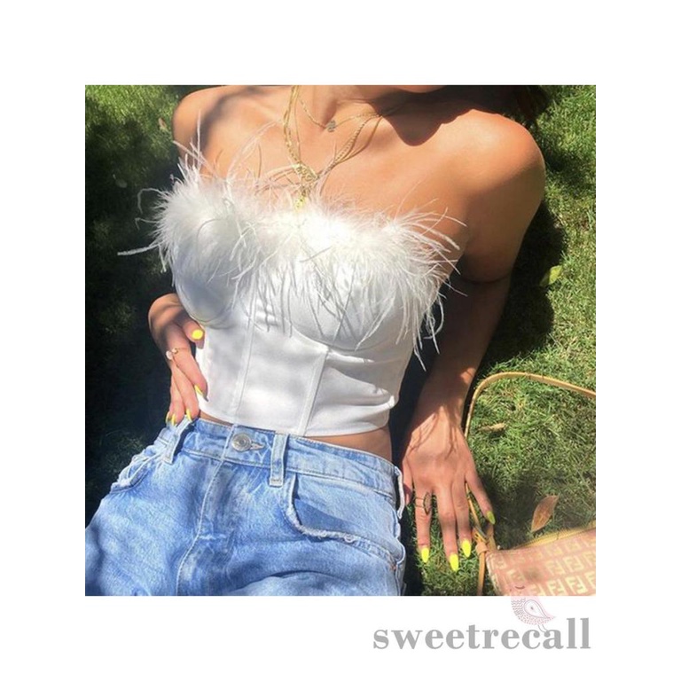 Áo Croptop Sát Nách Hở Lưng Phối Lông Có Khóa Kéo Màu Trơn Cho Nữ