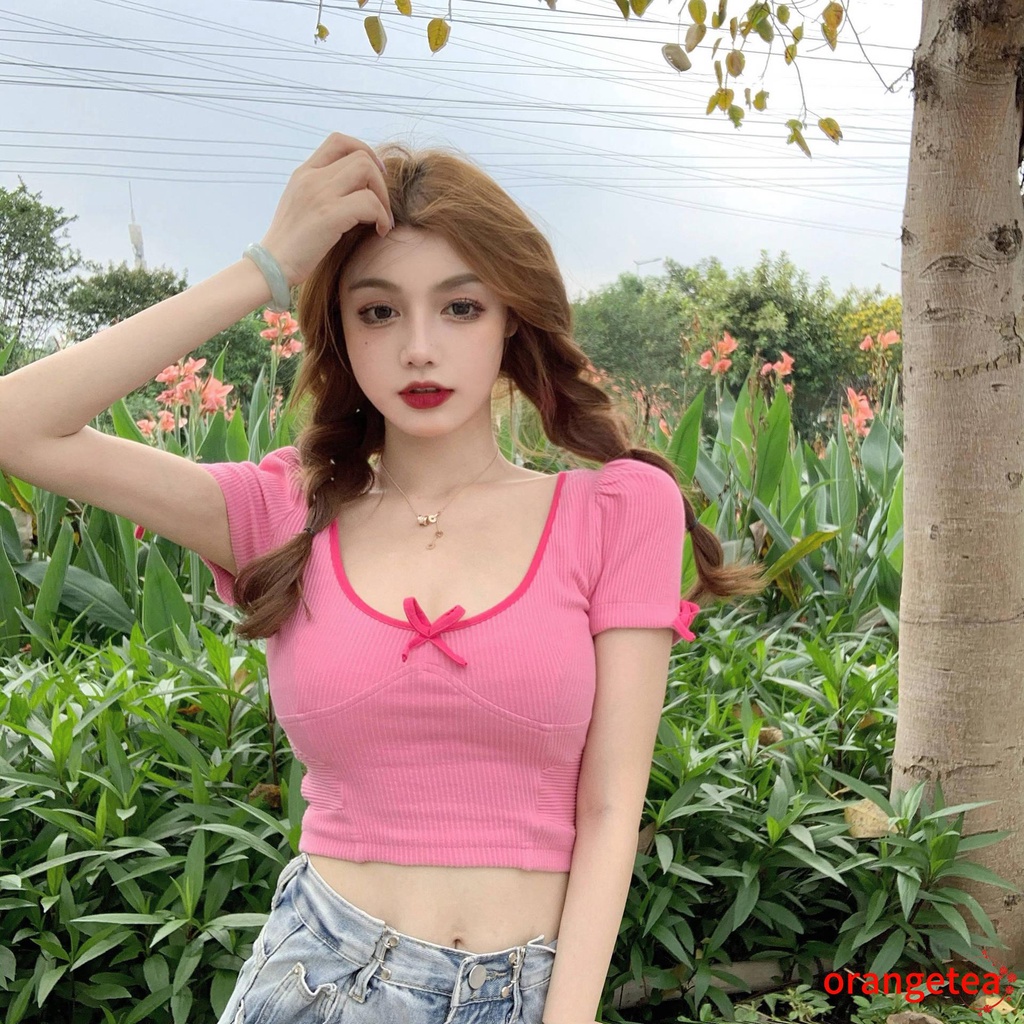 Crop Top Tay Ngắn Cổ Chữ U Phối Nơ Thời Trang
