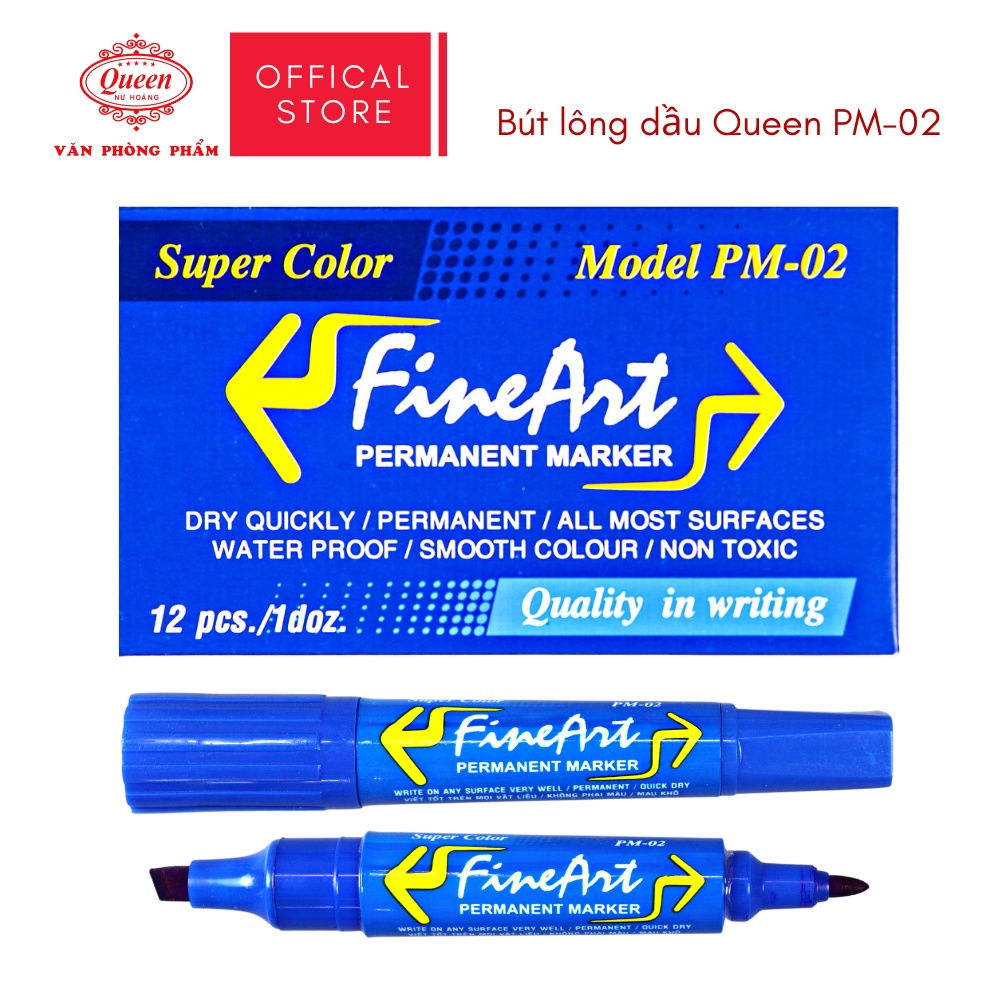 Bút lông dầu Queen  - CHÍNH HÃNG - Hai Đầu Vuông Tròn - Màu Xanh Dương/Đen/Đỏ/Xanh Lá/Hồng Sen - PM02