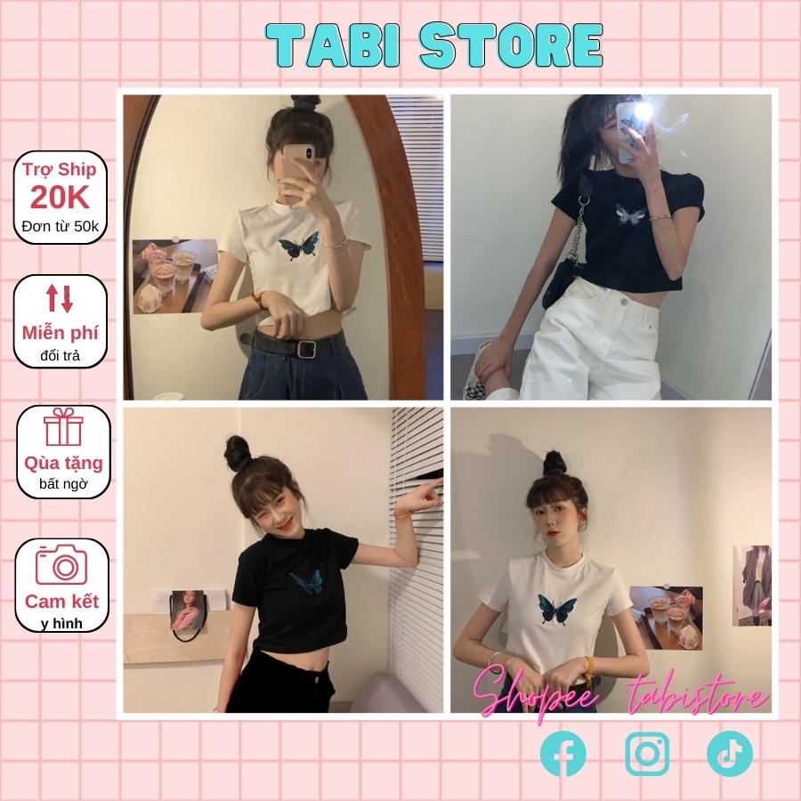 [Mã SKAMSALE8 giảm 10% đơn 200K] Áo croptop cộc tay dưới 55kg - Thêu bướm *Bản mới