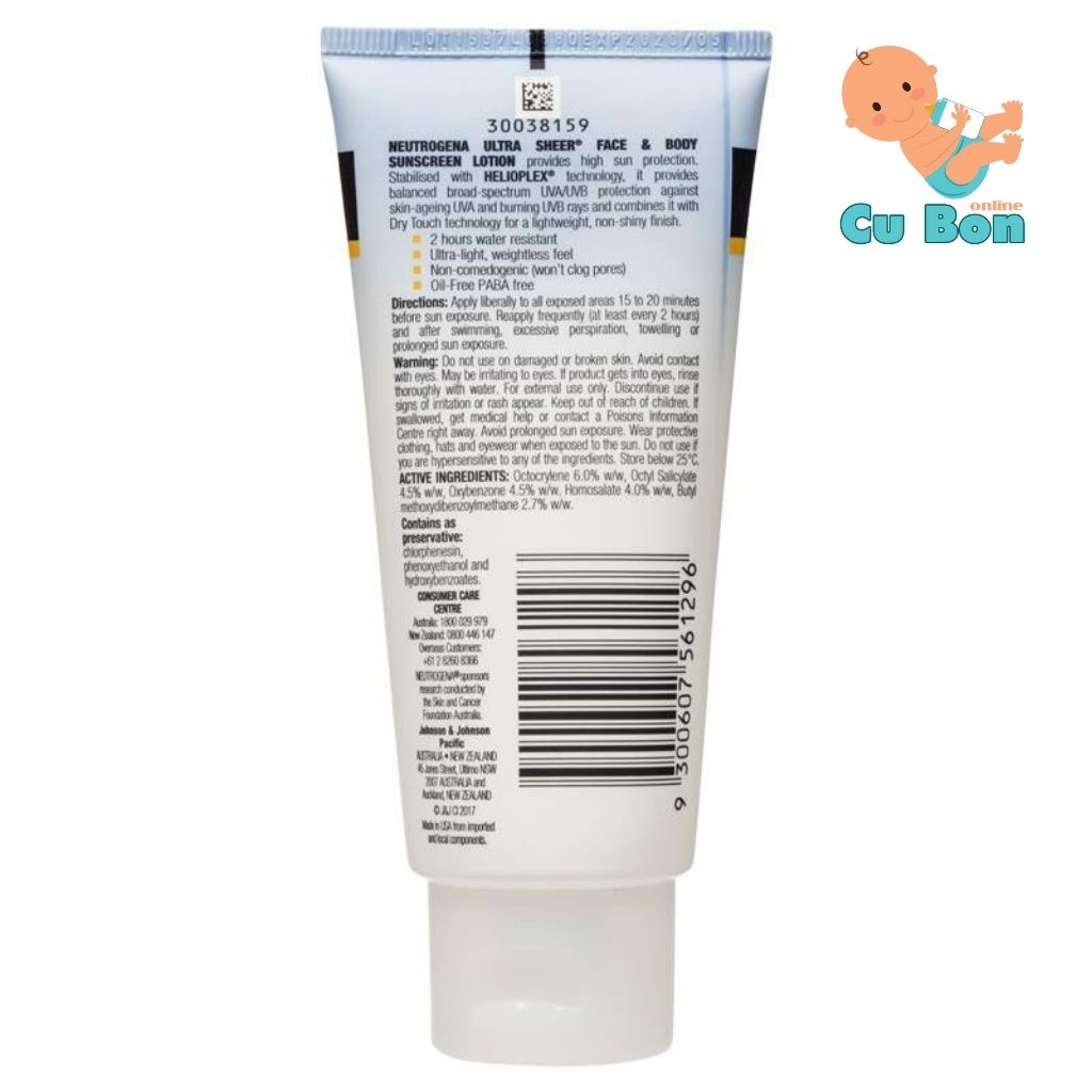 Kem chống nắng toàn thân Neutrogena Ultra Sheer Face &amp; Body Dry Touch Sunscreen Lotion SPF50 88mL