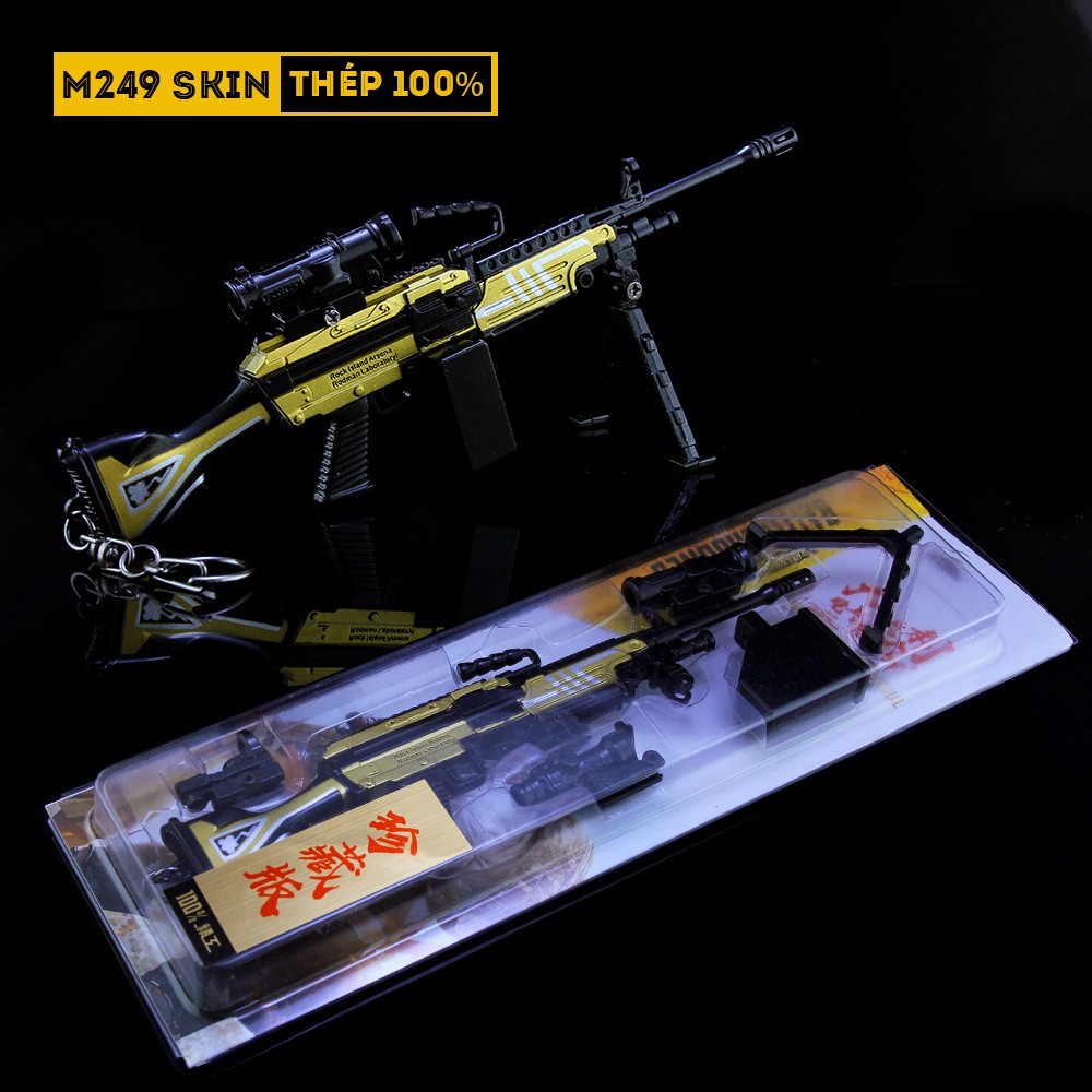 Mô Hình PUBG M249 Skin Black Gold Tặng Kèm 3 Scope Và Kệ Trưng Bày 19cm