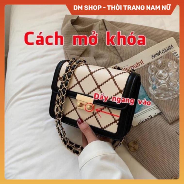 Túi xách nữ đeo chéo nữ 3 ngăn kẻ caro siêu xinh, Túi Sách đeo vai màu trắng kem dây da luồn xích phong cách Hàn quốc