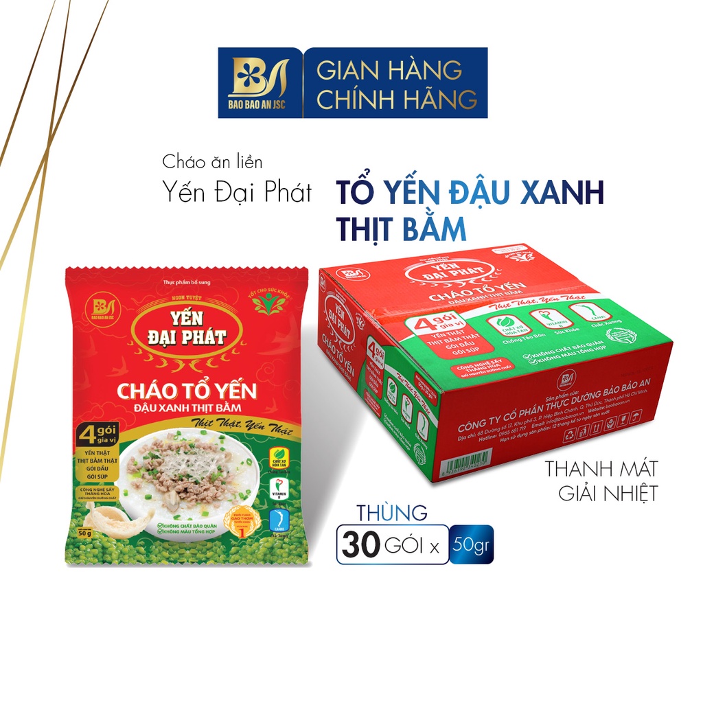 Thùng Cháo Tổ Yến Đậu Xanh Thịt Bằm - Yến Đại Phát 4 gói gia vị, ăn liền, tiện lợi, thơm ngon - Thùng 30 gói x 50gr
