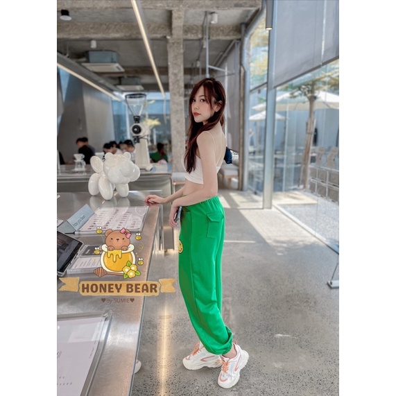 QUẦN THUN JOGGER NỮ GẮN GẤU DỂ THƯƠNG - MÀU XANH LÁ - HB021