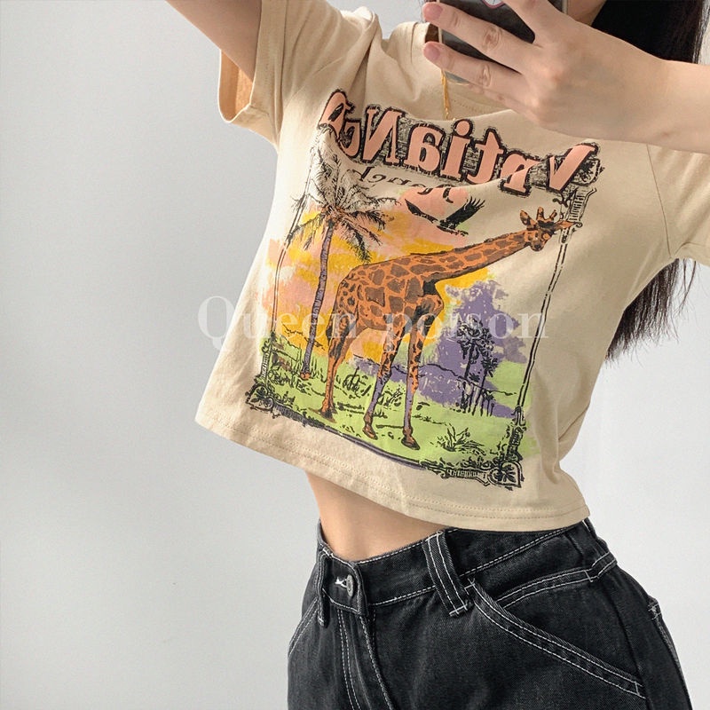 Áo Thun COZOK Ngắn Tay In Hình Hươu Cao Cổ Dễ Thương