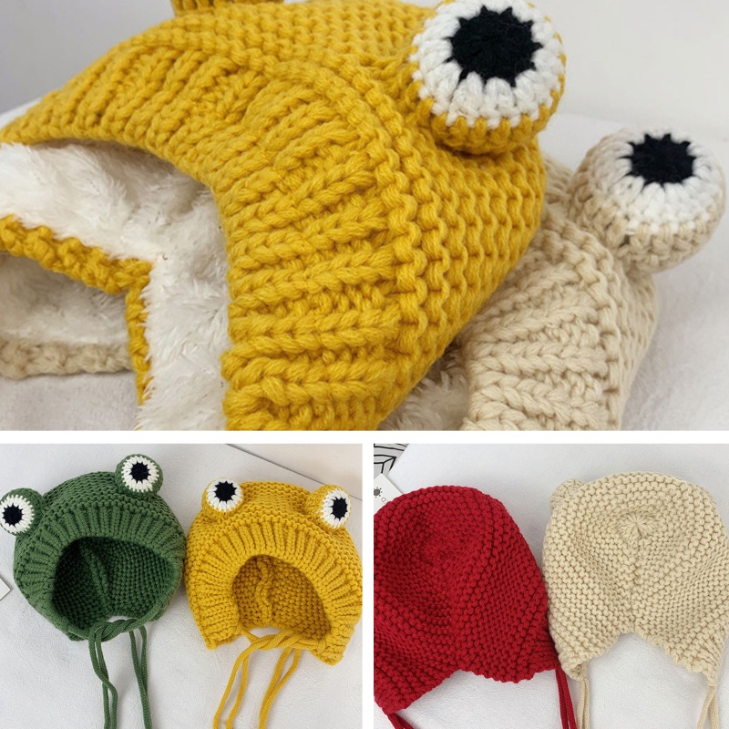 Mũ đan beanie kiểu hình ếch lót vải lông ấm áp nhiều màu sắc tùy chọn dành cho trẻ em