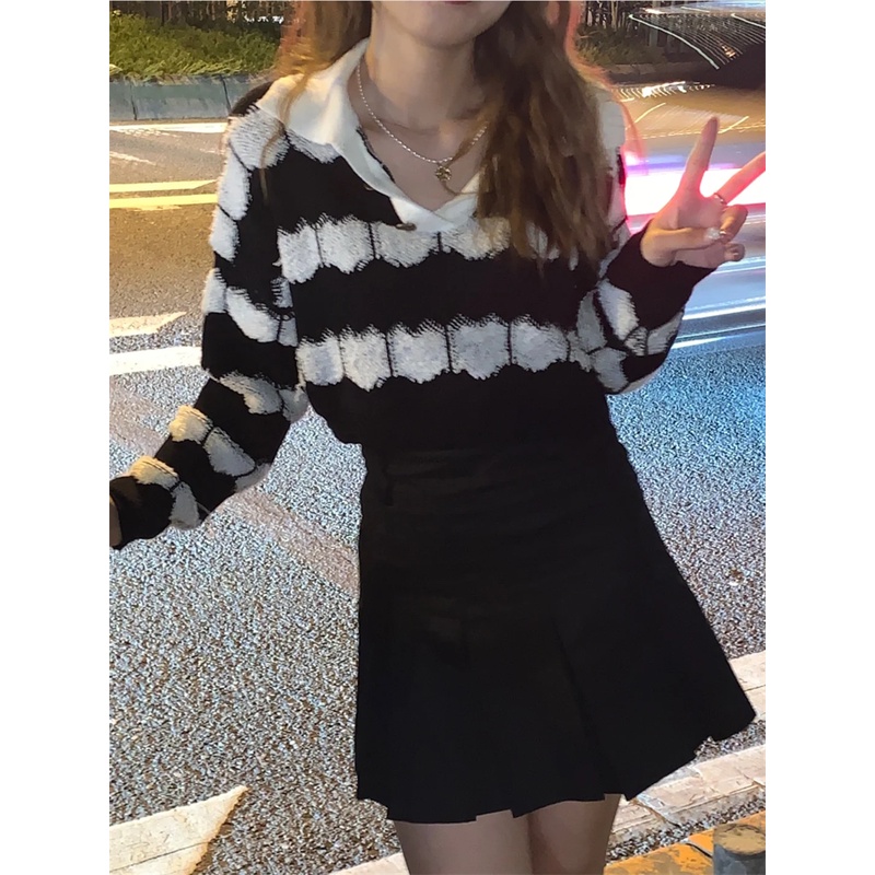 Porozi Áo croptop dệt kim tay dài kẻ sọc màu tương phản kiểu Hàn Quốc dễ thương cho nữ