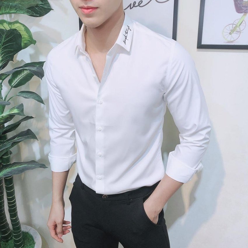 Áo Sơ Mi Nam Dài Tay Phối Họa Tiết Chữ Ký Cổ Áo Thời Trang PONIVALAZA Cao Cấp Phong Cách Hàn Quốc Sành Điệu