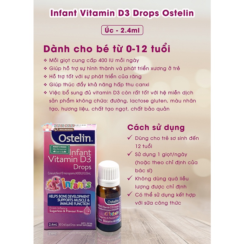 Vitamin D3 dạng nhỏ giọt dành cho bé từ sơ sinh Ostelin Infant Vitamin D3 Drops 2.4ml