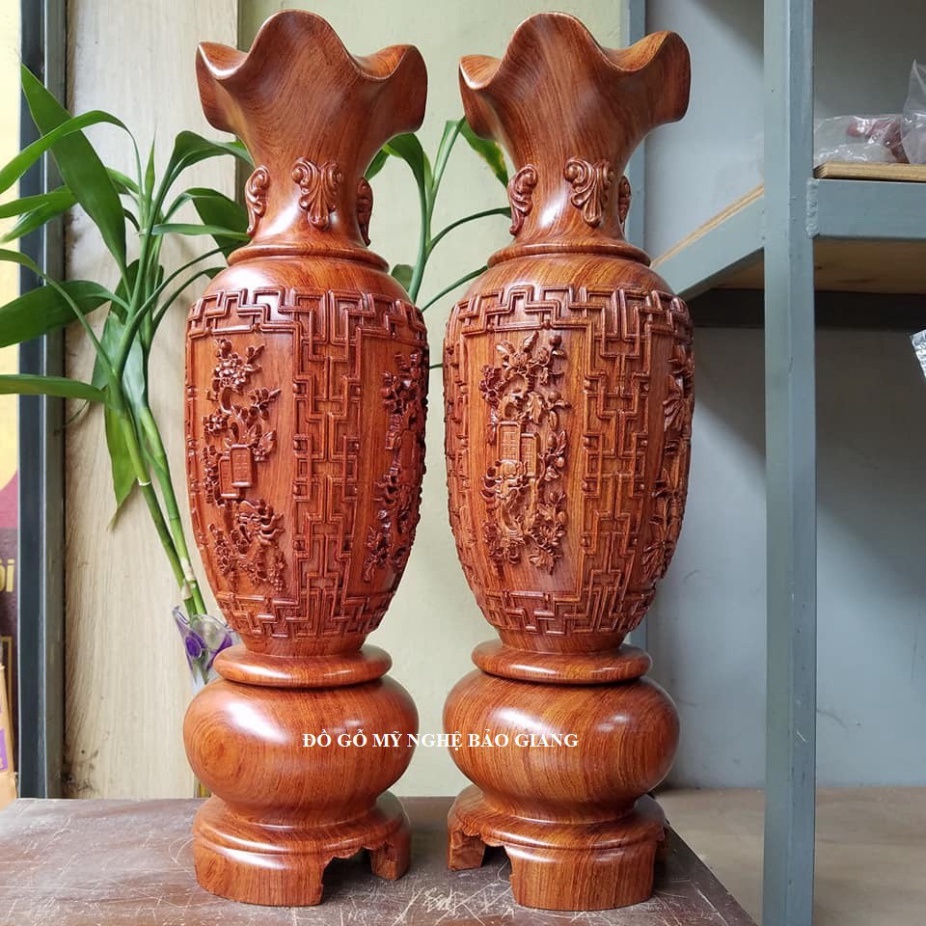 Cặp lộc bình gỗ hương cặp lục bình gỗ hương khắc tứ quý cao 40 cm