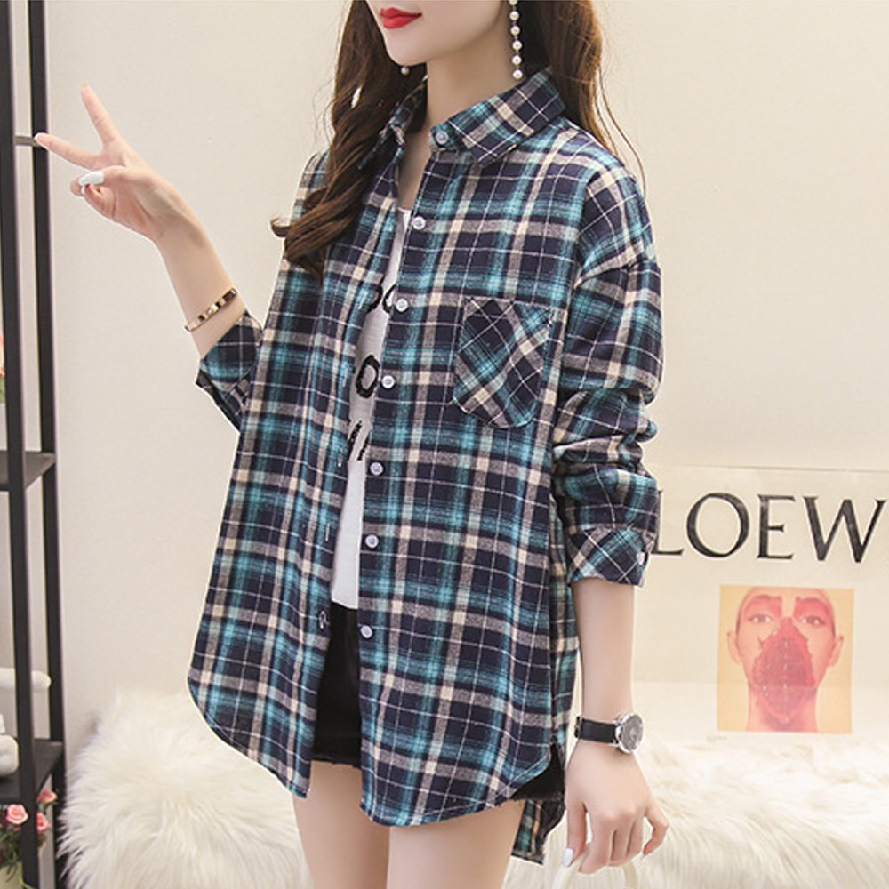 Áo Sơ Mi Nữ Tay Dài Kẻ Sọc Phối Nút Thiết Kế Thoải Mái Năng Động