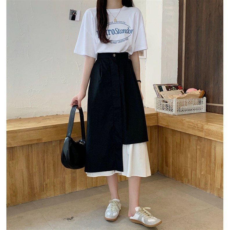 Chân váy dài, chân váy phối màu cạp cao ulzzang Hàn Quốc - Chân váy nữ ulzzang vải voan dày xòe vạt lệch phối đen trắng | BigBuy360 - bigbuy360.vn