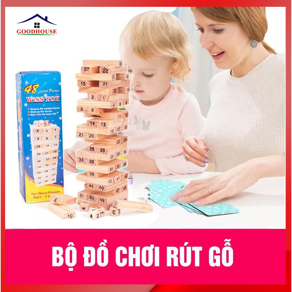 Bộ đồ chơi rút gỗ dành cho mọi lứa tuổi, bộ đồ chơi gồm 54 thanh và 4 viên xúc xắc