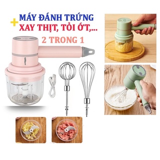 Máy Đánh Trứng, Bọt Cà Phê Kiêm Xay Thịt, Xay Tỏi Ớt Mini 3 Tốc Độ Công Suất 20w Sạc Pin Tích Điện - Bảo Hành 12 Tháng