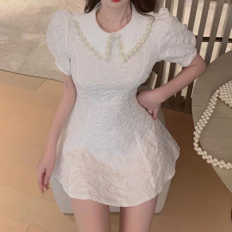 Đầm Chữ A Tay Phồng Cổ Búp Bê Đính Hạt Kiểu Pháp Thời Trang Mùa Hè Mới Cho Nữ 2021