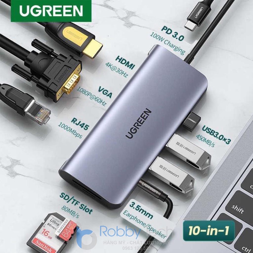 Cáp chuyển Hub type C 10 trong 1 Ugreen 10in1 HDMI 4K