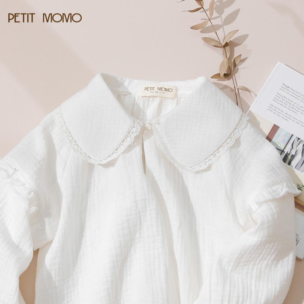 Áo Sơ Mi Dài Tay Cho Bé Gái PETIT MOMO Chất Vải Xô Muslin Mềm Mát Dáng Suông Cổ Sen Viền Ren H188