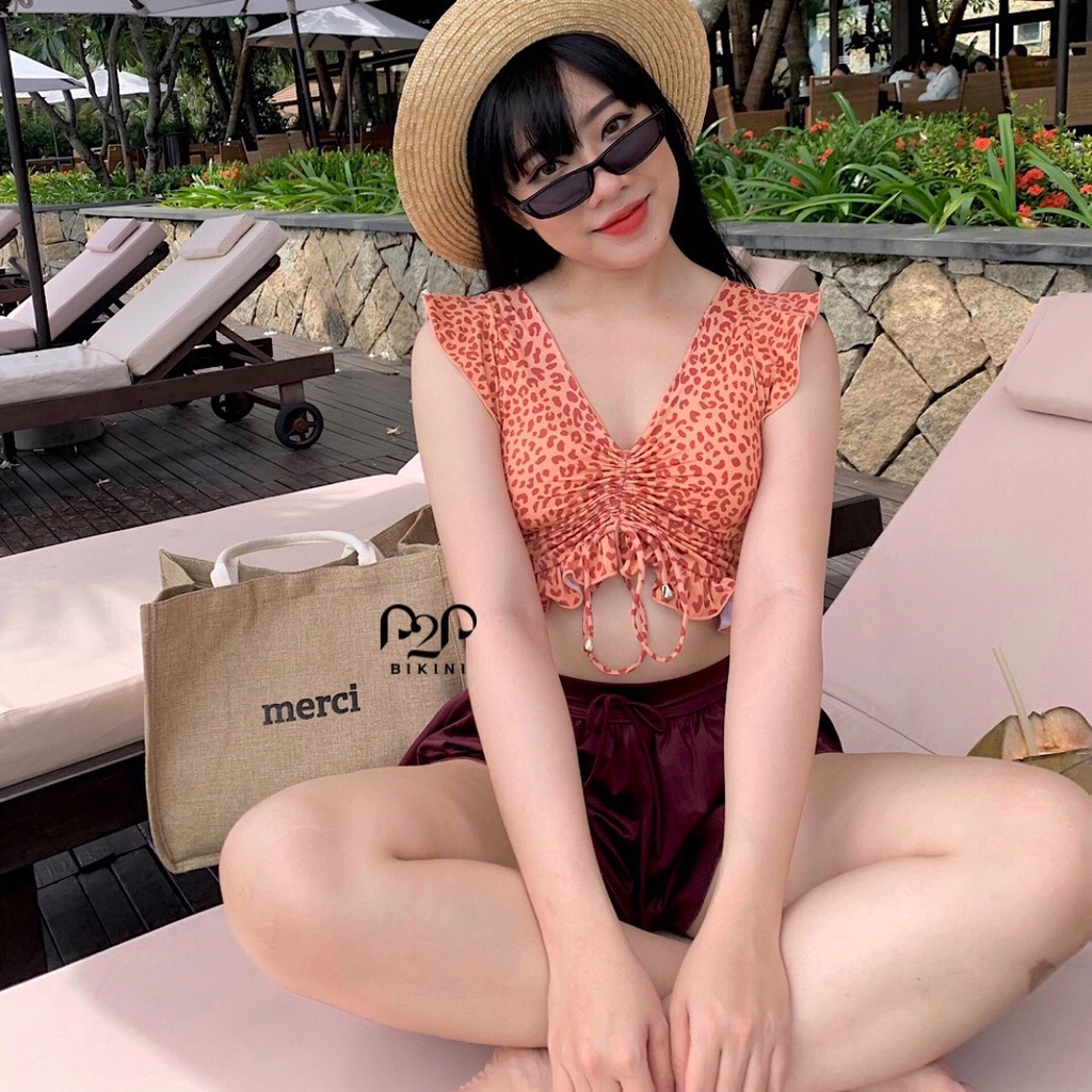P2P BIKINI - Đồ bơi hai mảnh áo tay bèo, quần giả váy xòe họa tiết beo - BTK320HT_LC