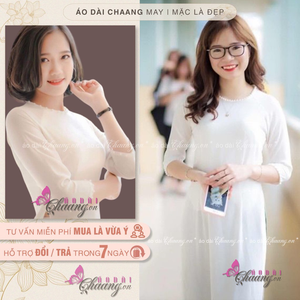 Áo dài trắng cổ tròn Chaang may sẵn Áo dài đẹp đính đá ngọc cổ tay, vải lụa Mỹ cao cấp