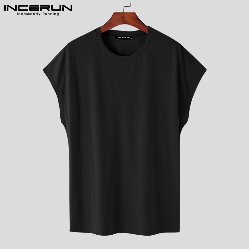 Áo thun INCERUN màu trơn cổ tròn dáng rộng đơn giản thời trang nam