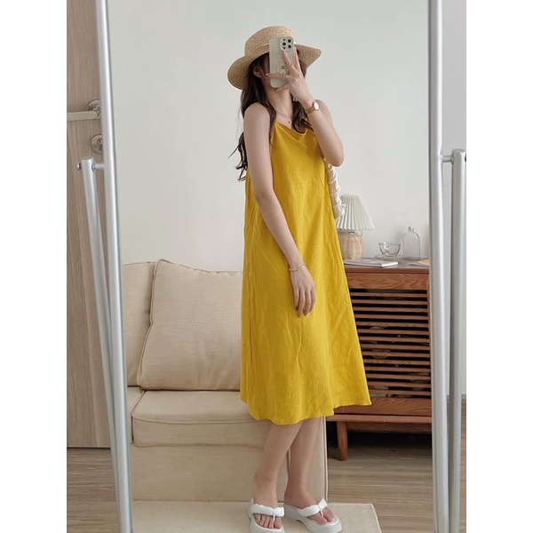 Váy 2 dây hô đũi dáng suông đi biển 2 màu trắng vàng rút dây - Đầm maxi dáng dài đi biển nơ sau