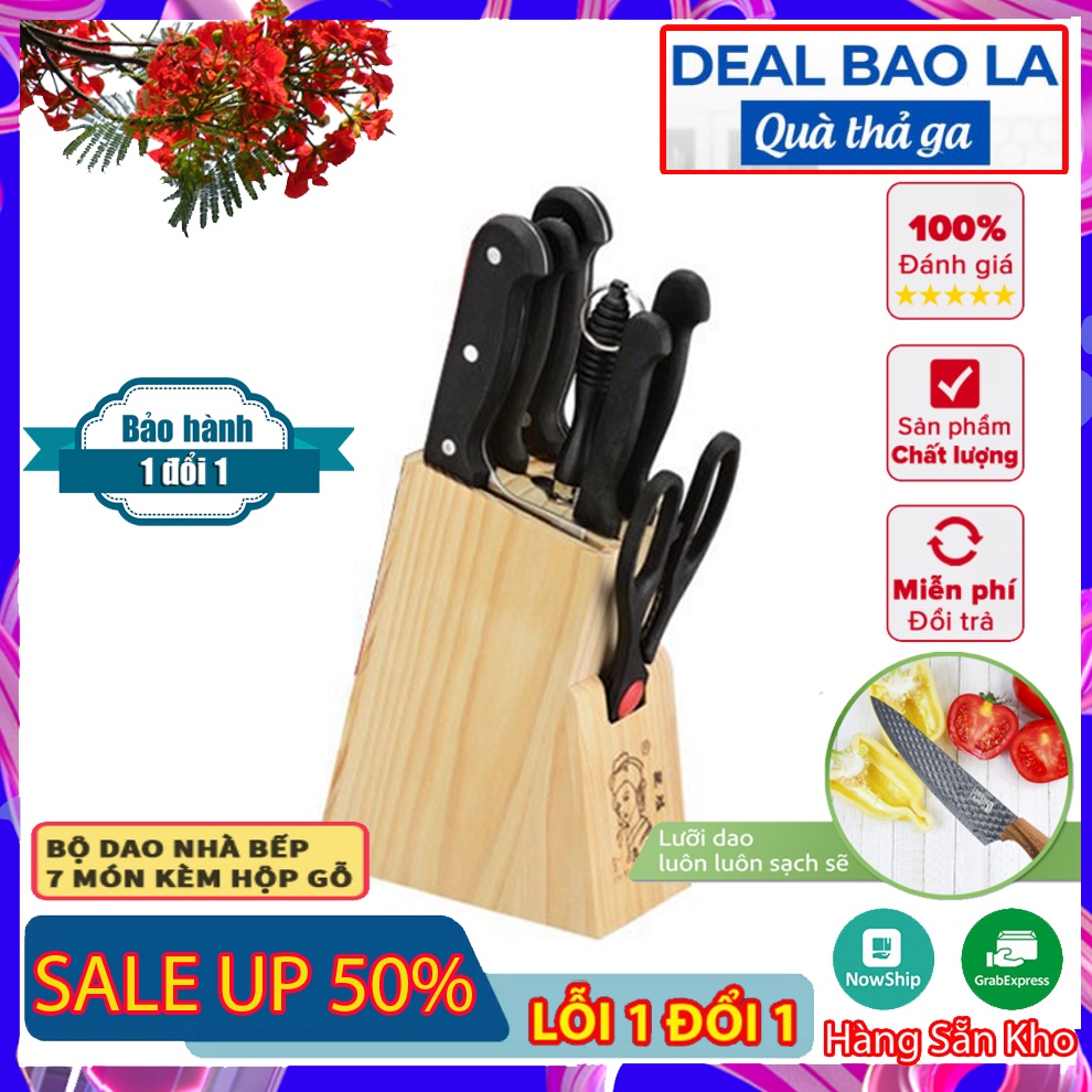 Bộ dao 7 món tiện dụng tặng kèm giá gỗ để dao - Bộ dao làm bếp