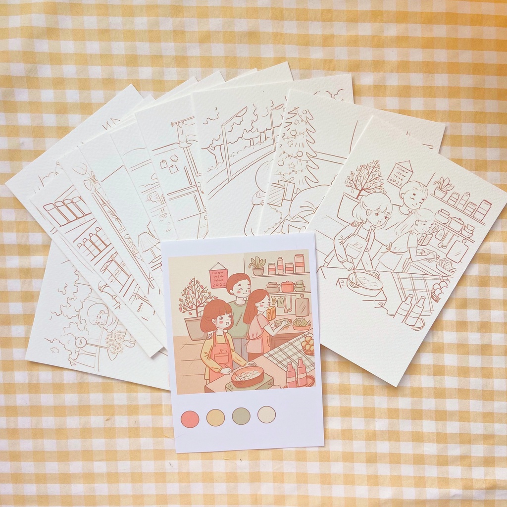 [TRANH HỌA SĨ] POSTCARD TÔ MÀU SELF-ART - &quot;CÂU CHUYỆN 12 THÁNG &quot; TỪ CHONO.PHM, GIẤY COLDPRESS, 300GSM