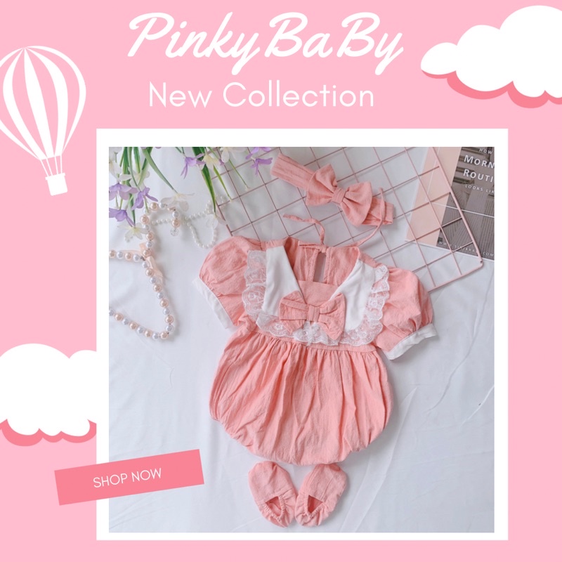 Bodysuit Hồng Cổ Thuyền Cộc Tay Cho Bé Gái 0-12 Tháng Kèm Băng Đô Và Tất Chân