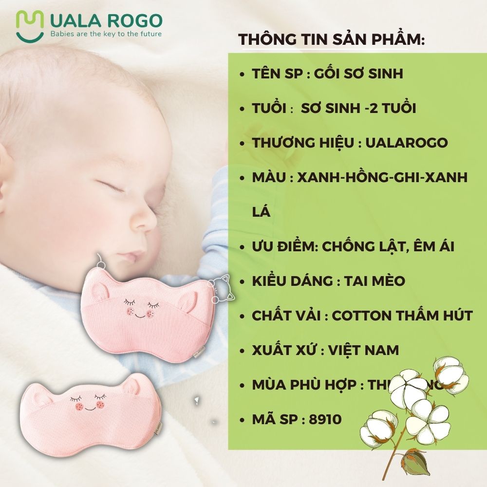 Gối sơ sinh Ualarogo chống bẹp đầu nâng đỡ xương cổ hình tai mèo catty giúp bé ngủ ngon sâu giấc 30x20x3x2cm 8910