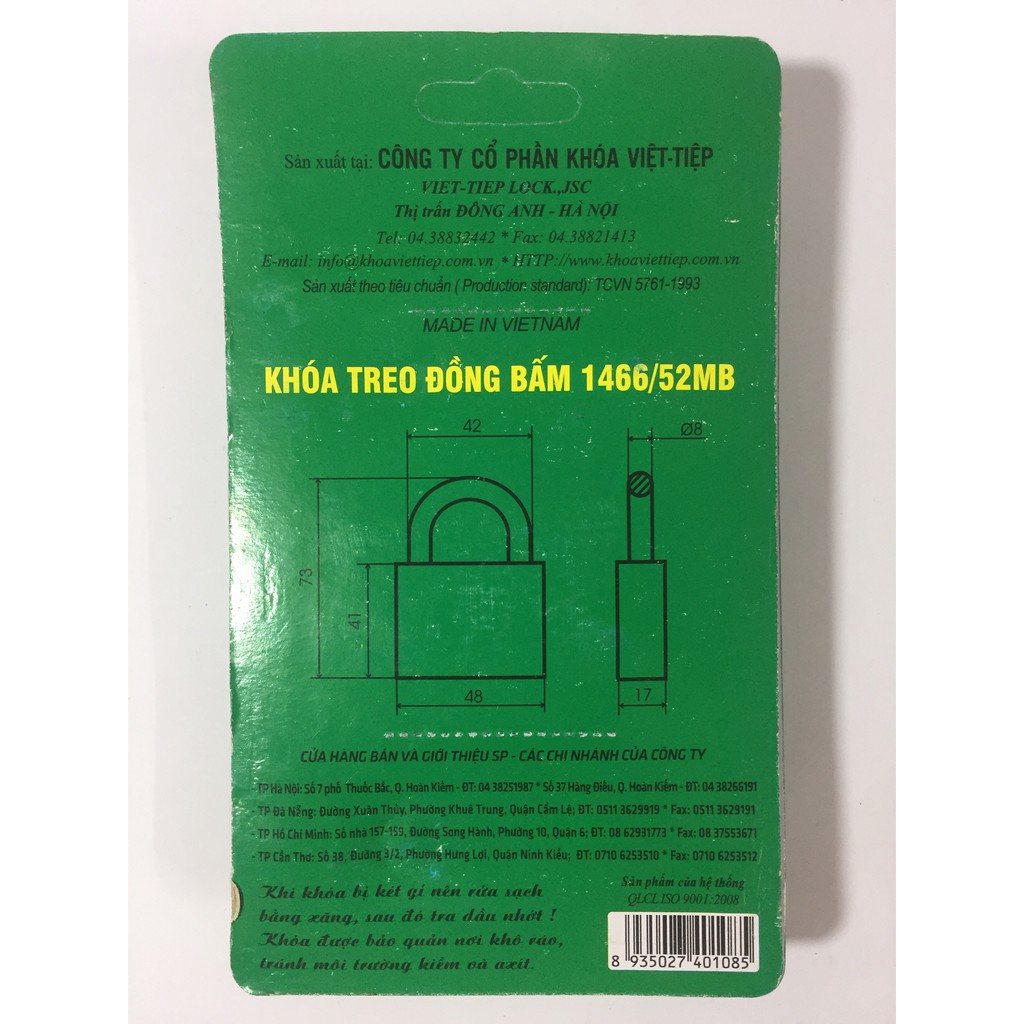 FREESHIP 99K TOÀN QUỐC_Ổ Khóa Cửa Việt Tiệp Bấm 1466/52MB (Chính Hãng)